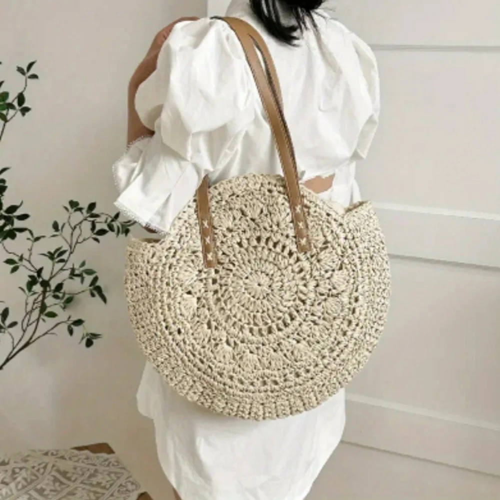 Straw Woven Tote Bag Double Handle Creamy White